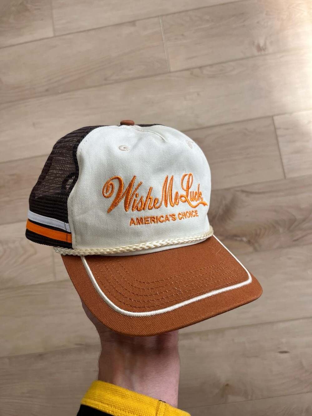 Wish Me Luck America's Choice Trucker Hat Brown White Snapback